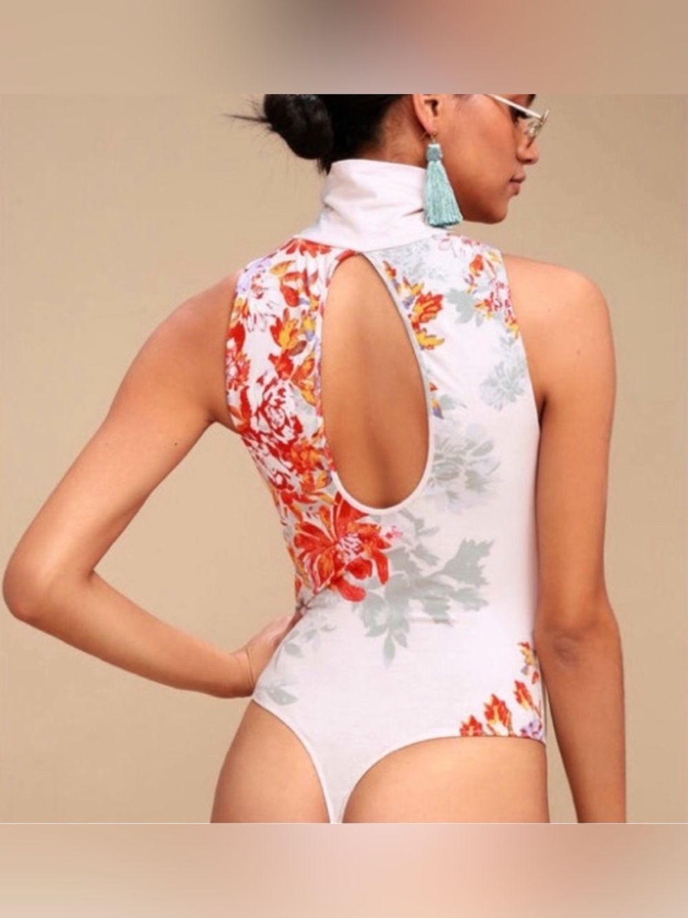 Free People Pixie Ivory Floral Mock Neck Bodysuit XS Boho Keyhole Thong - Picture 2 of 15